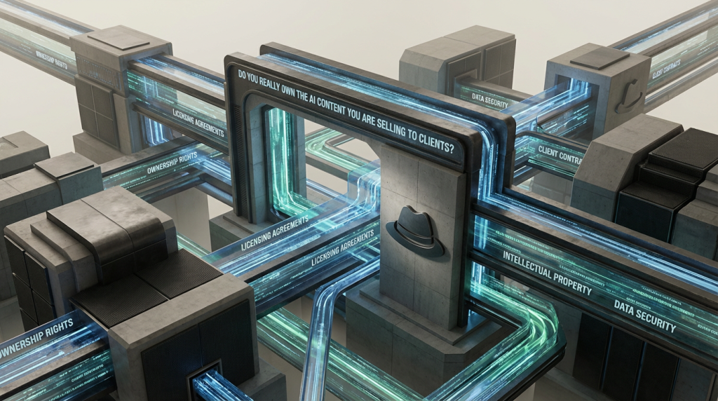 Generate a wide-angle, cinematic 3D architectural render of a sophisticated enterprise data environment. The scene must visualize the abstract business concepts in the text purely through large-scale, integrated engineering forms, data conduits, and light structures, and use important keywords from the text within the image. The aesthetic should be a contrast between grounded, heavy physical structures (made of matte concrete, brushed dark metal, and charcoal materials) and vibrant, glowing digital data streams that illuminate the environment. CRITICAL BRAND REQUIREMENT: Incorporate a subtle, stylized fedora hat icon somewhere within the physical architecture as an embossed emblem or integrated structural detail, rendered in the same dark, matte materials as the surrounding structure, not as a glowing element or a photorealistic prop. Strictly exclude all humans, animals, hands, or characters. Use only the following color palette: Steel Blue #2a74b9 and Sea Green #069448 for all glowing light sources and data pathways; Dim Gray #58595b and Charcoal #313131 for the primary physical architecture; Antique White #ebe9d7 for background atmosphere. The look must be premium, secure, and engineered.