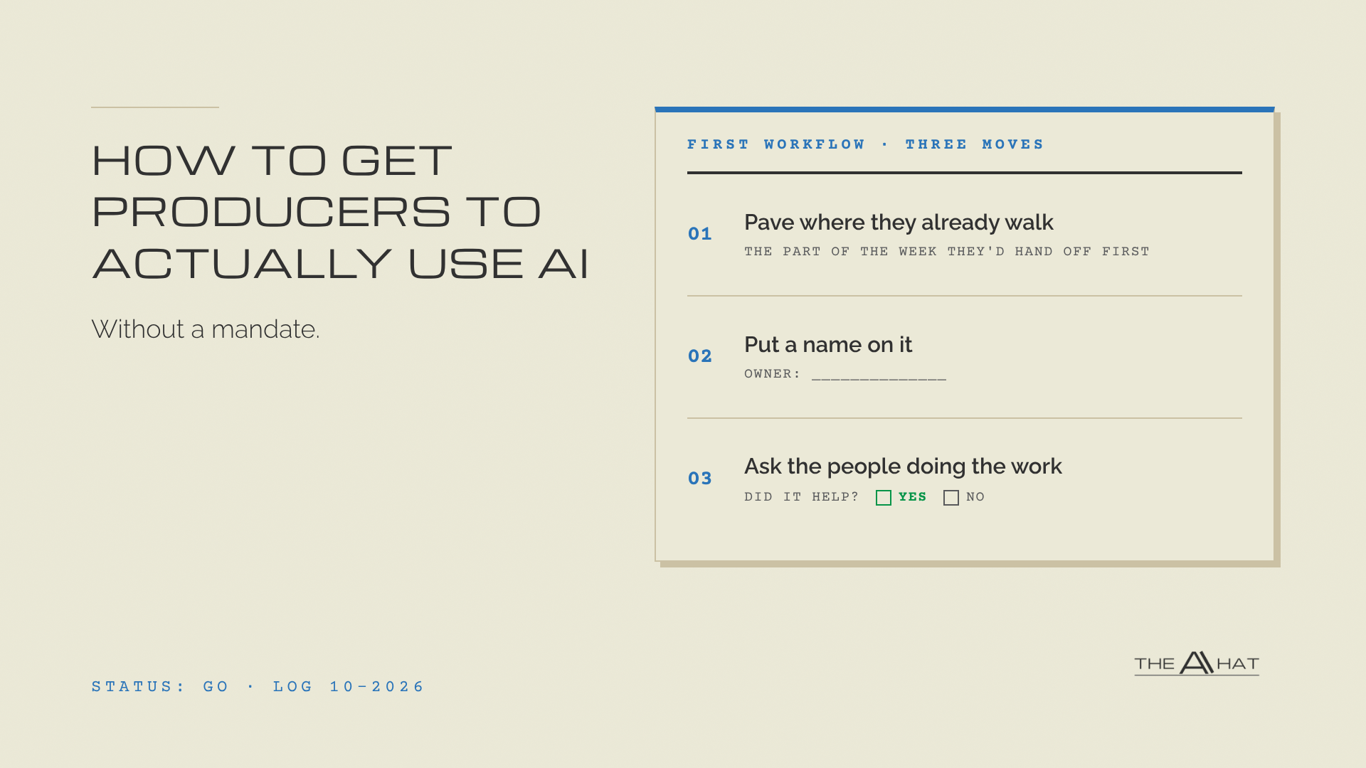 A work order card titled First workflow, three moves: 01 Pave where they already walk, the part of the week they'd hand off first; 02 Put a name on it, with a blank owner line; 03 Ask the people doing the work, with Did it help? and yes and no boxes, beside the headline How to Get Producers to Actually Use AI, without a mandate.